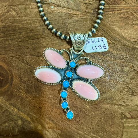 BB17 Dragonfly with Turquoise and Pink Conch Pendant