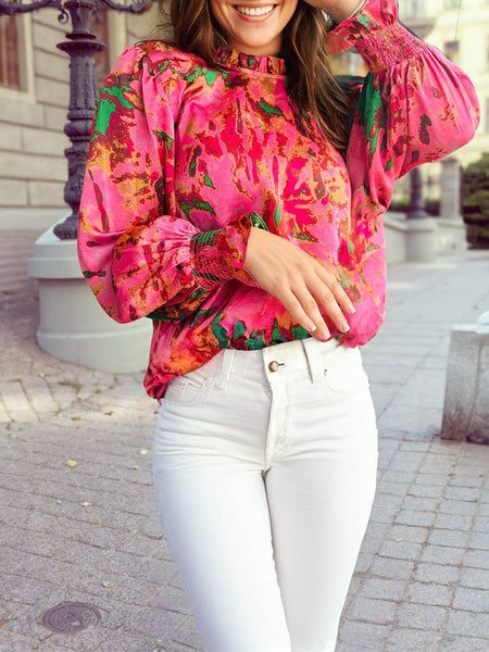 "Fancy Florals" Frilly Neckline Long Sleeve Blouse