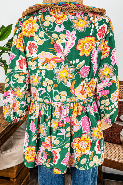 "Flirty Floral" Fall Floral Puff Sleeve V Neck Peplum Blouse