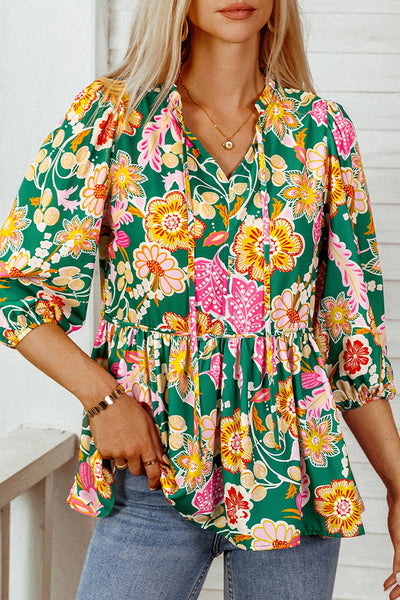 "Flirty Floral" Fall Floral Puff Sleeve V Neck Peplum Blouse