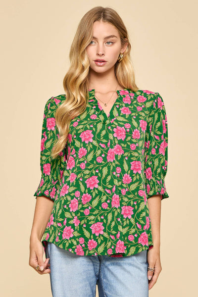 Wild Blooms Smocked 3/4 Sleeve Lizzy Top