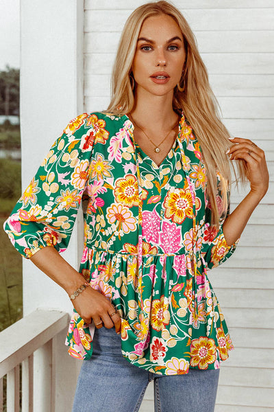 "Flirty Floral" Fall Floral Puff Sleeve V Neck Peplum Blouse