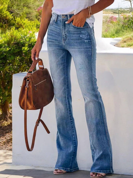 "Delta Dawn" High Waist Flare Jeans with Light Distressing