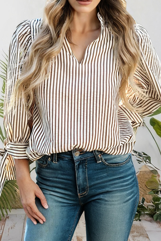 Latte Love Striped V Neck Knot Bracelet Sleeve Blouse