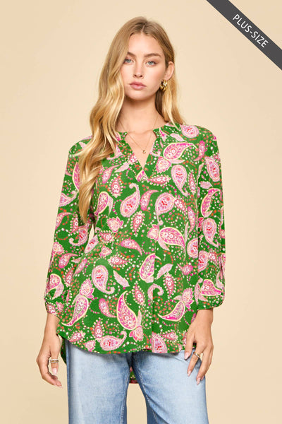 Pretty Paisley (PLUS) Mandarin Collar 3/4 Sleeve Blouse