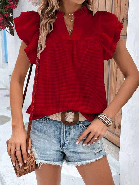 "Let's Go" Ruffle Sleeve Blouse - V Neckline
