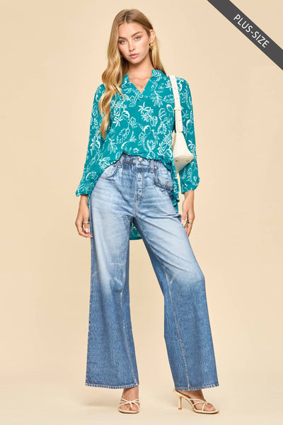 Some Beach (PLUS) Mandarin Collar 3/4 Sleeve Blouse