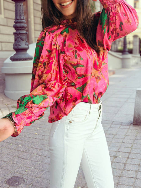 "Fancy Florals" Frilly Neckline Long Sleeve Blouse