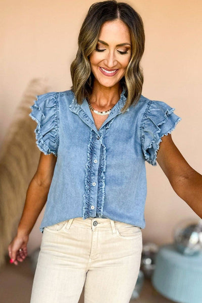 Denim Daze Button Front Flutter Top