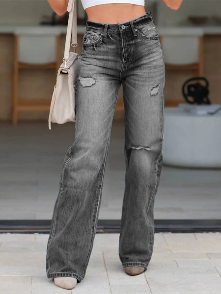 "Steppin' Out" Gray High Waisted Straight Leg Ripped Jeans