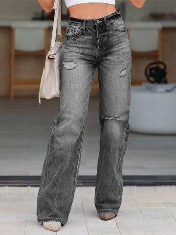 "Steppin' Out" Gray High Waisted Straight Leg Ripped Jeans