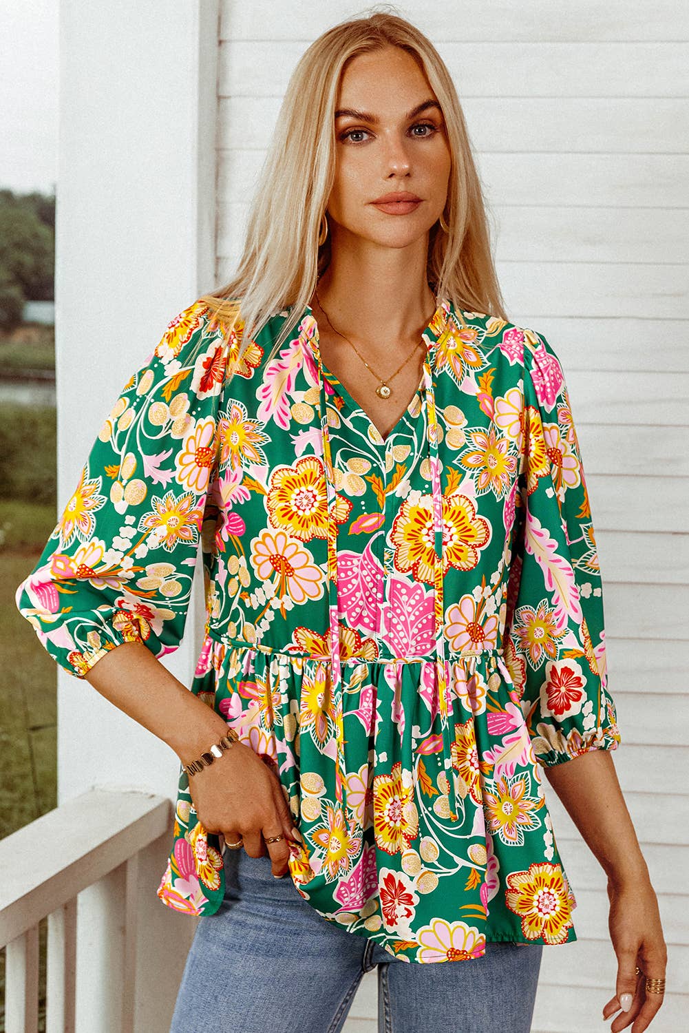 "Flirty Floral" Fall Floral Puff Sleeve V Neck Peplum Blouse