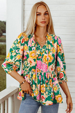 "Flirty Floral" Fall Floral Puff Sleeve V Neck Peplum Blouse