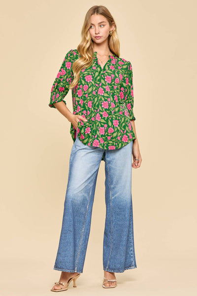 Wild Blooms Smocked 3/4 Sleeve Lizzy Top