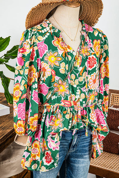 "Flirty Floral" Fall Floral Puff Sleeve V Neck Peplum Blouse