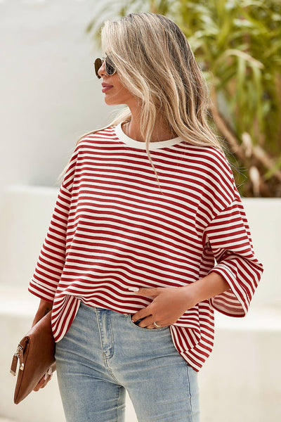 Ruby Red Shift Striped Round Neck T-Shirt