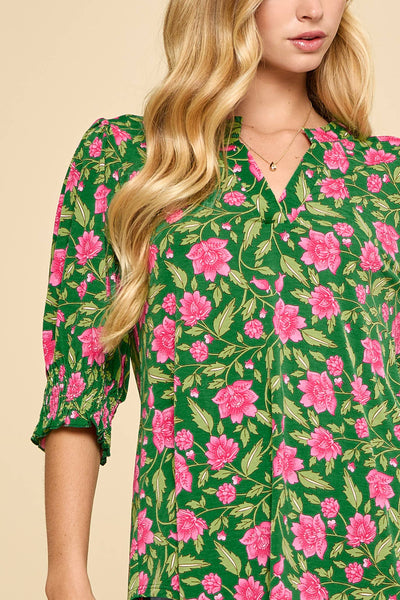 Wild Blooms Smocked 3/4 Sleeve Lizzy Top