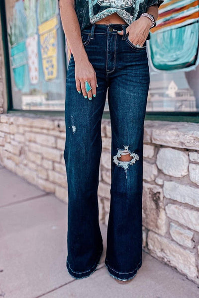 Real Teal High Rise Ripped Boot Cut  Bottom Jeans