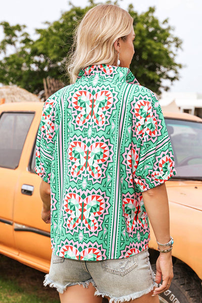 "Miss Boho Queen" Abstract Contrast Striped Collared Blouse