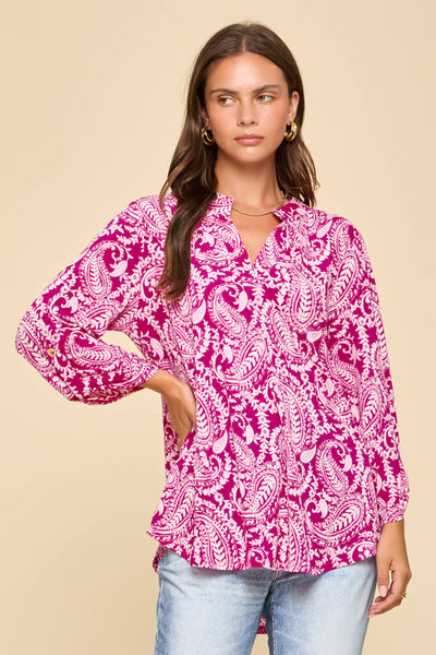 Tickled Pink Mandarin Collar 3/4 Sleeve Blouse