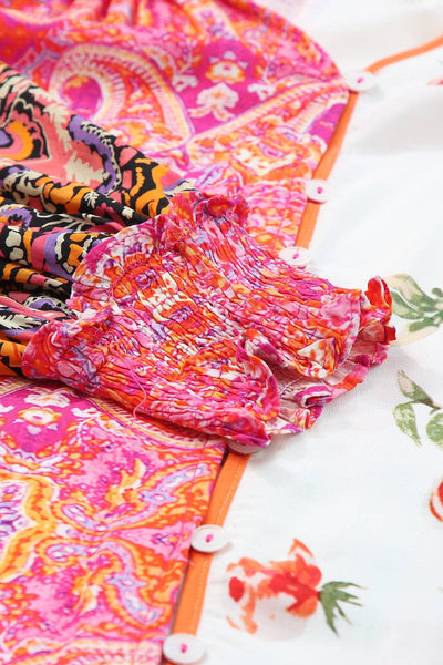 Patchworked Shirred Cuff Buttoned Blouse