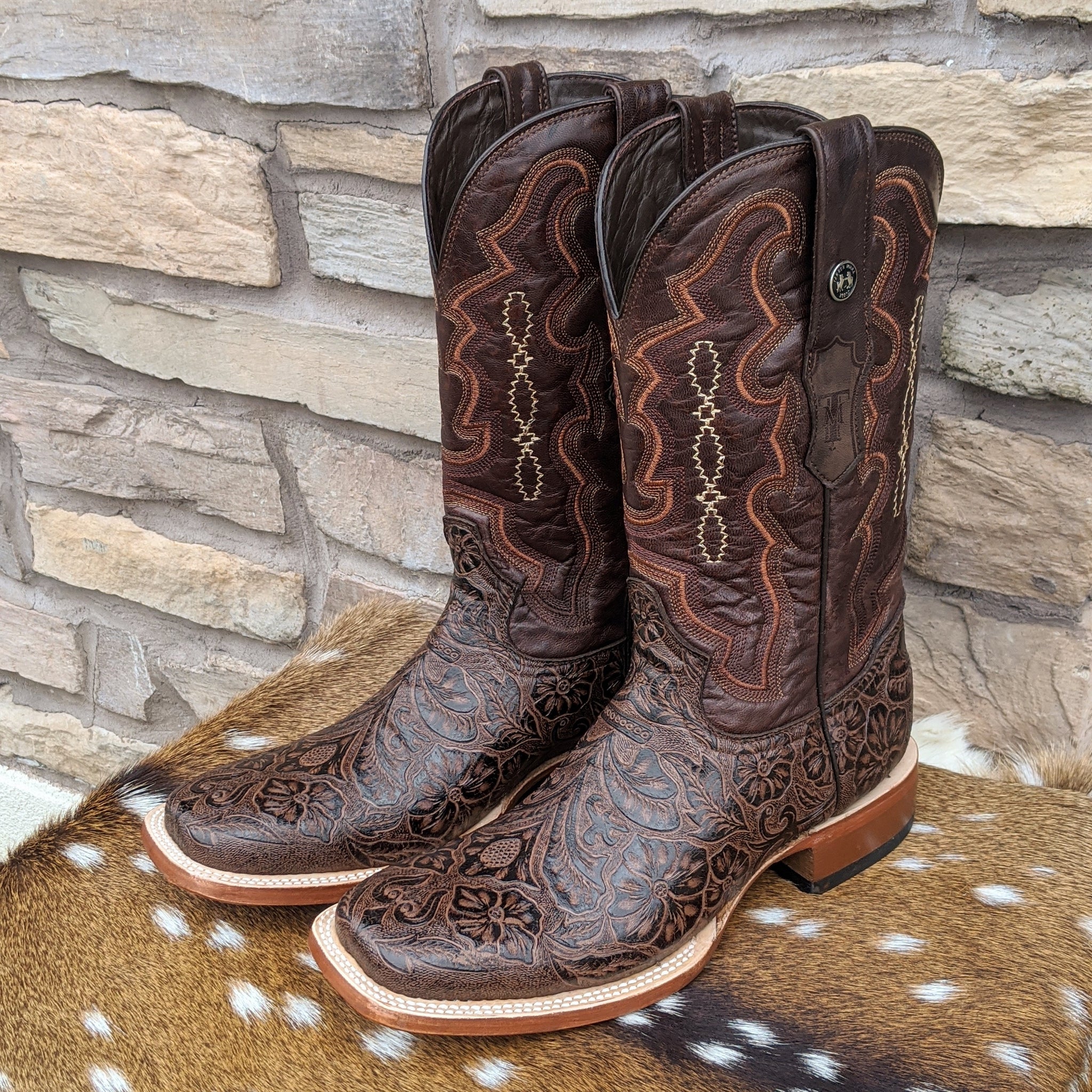 Mens Brown Tooled Print Boots