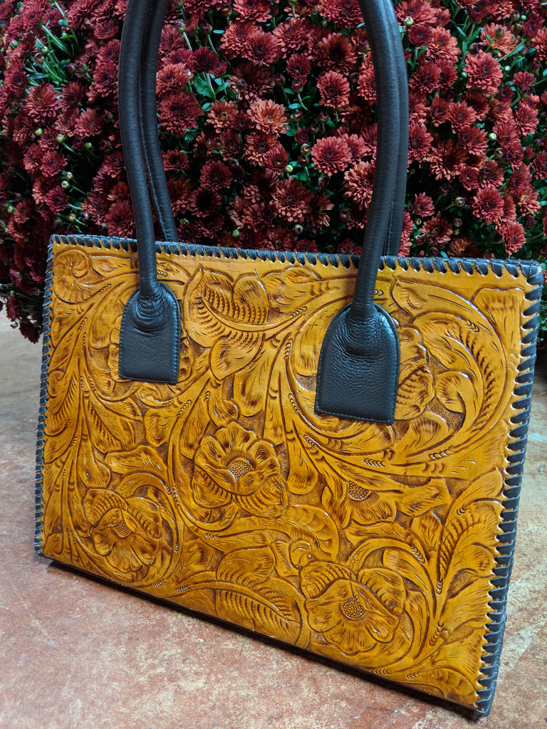 Juan Antonio Floral Embossed Turquoise Leather Tote