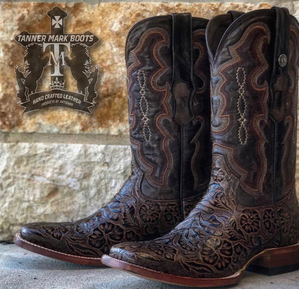 Mens Brown Tooled Print Boots